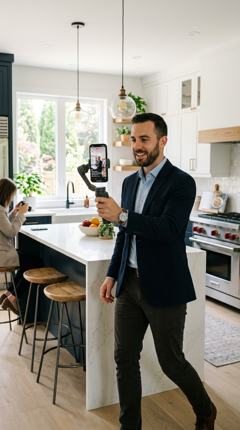 Realtor filming a short video tour inside a listed home