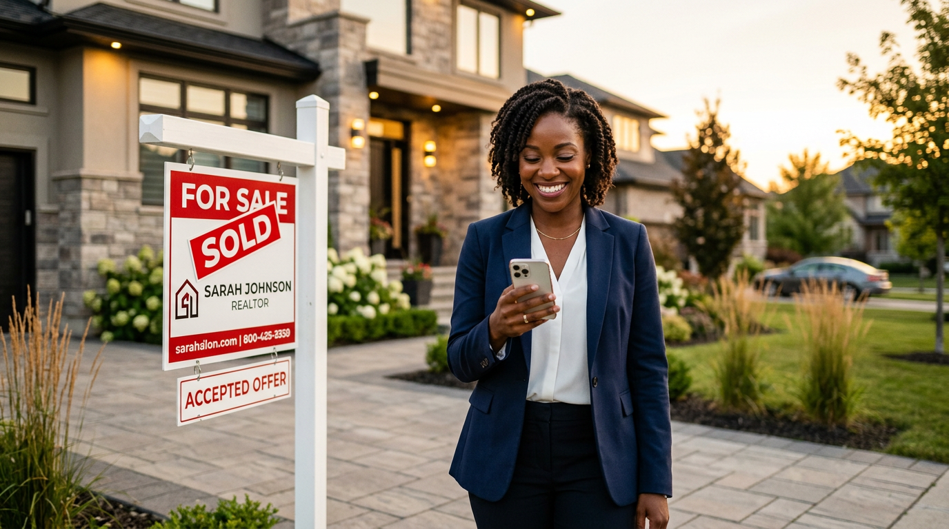 Realtor smiling at a new enquiry on her phone outside a sold home